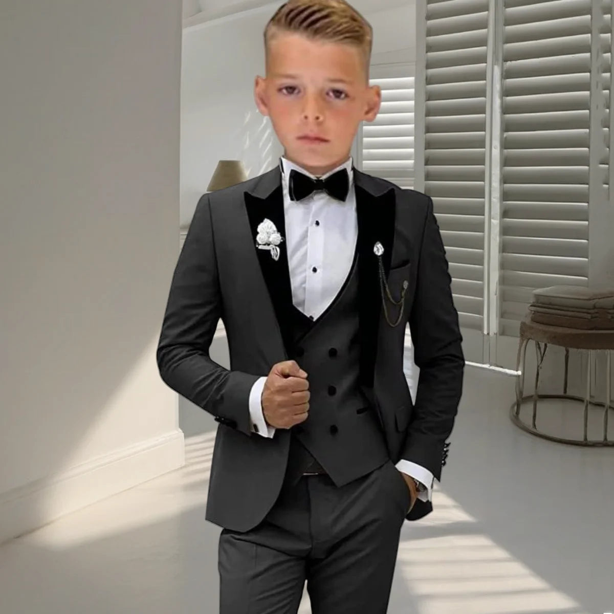 Velvet Collar Suit Set for Kids 3-14 Years, Three-Piece Wedding Suits